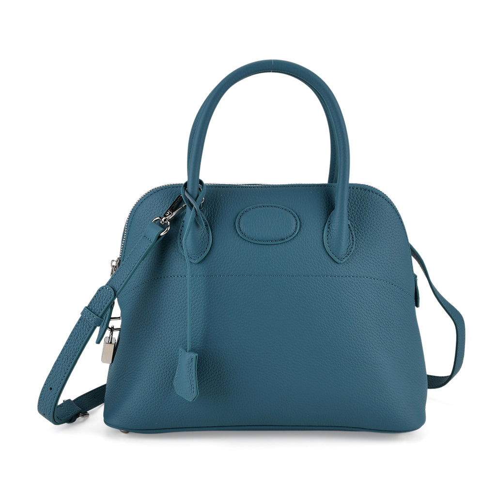 Premium Genuine Leather Domed Satchel Bag with Detachable Crossbody Strap - Teal_8431454