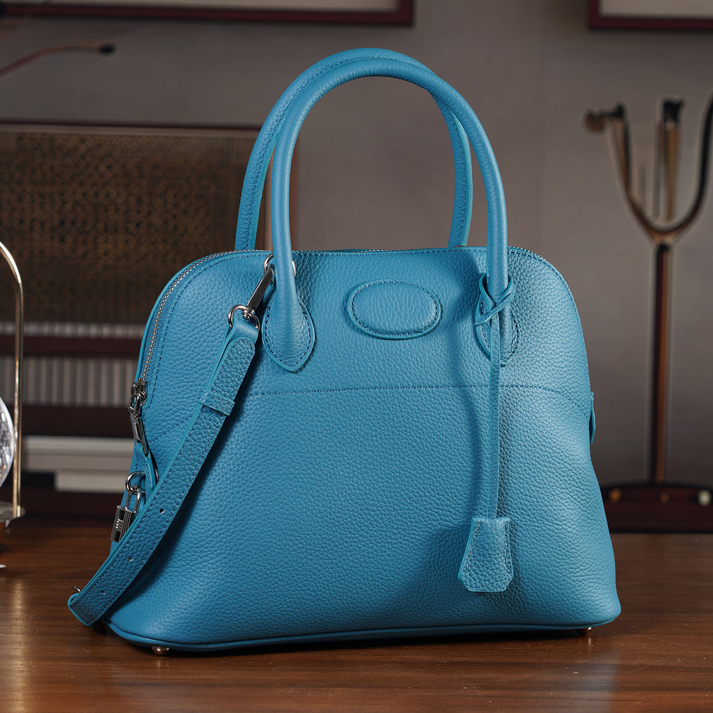 Premium Genuine Leather Domed Satchel Bag with Detachable Crossbody Strap - Teal_8431454_1