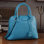 Premium Genuine Leather Domed Satchel Bag with Detachable Crossbody Strap - Teal_8431454_1