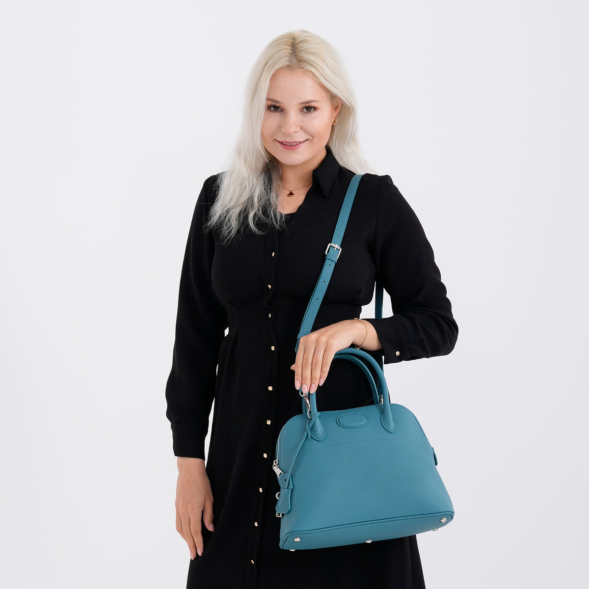 Premium Genuine Leather Domed Satchel Bag with Detachable Crossbody Strap - Teal V32586505 3