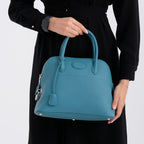 Premium Genuine Leather Domed Satchel Bag with Detachable Crossbody Strap - Teal_8431454_3