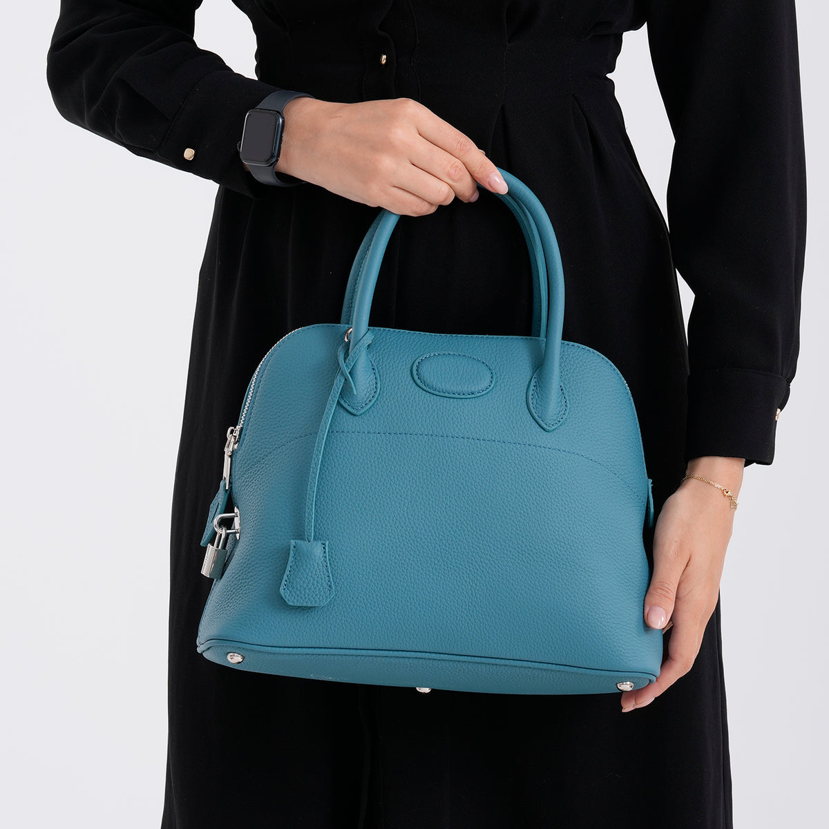 Premium Genuine Leather Domed Satchel Bag with Detachable Crossbody Strap - Teal V32586505 4