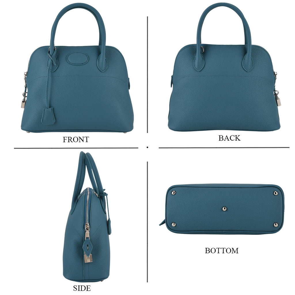 Premium Genuine Leather Domed Satchel Bag with Detachable Crossbody Strap - Teal_8431454_4
