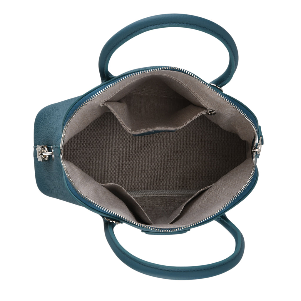 Premium Genuine Leather Domed Satchel Bag with Detachable Crossbody Strap - Teal_8431454_5