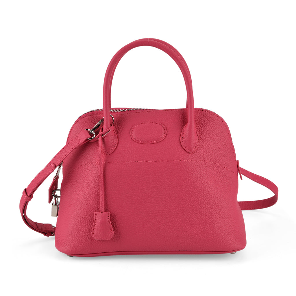 Premium Genuine Leather Domed Satchel Bag with Detachable Crossbody Strap - Deep Pink_8431456