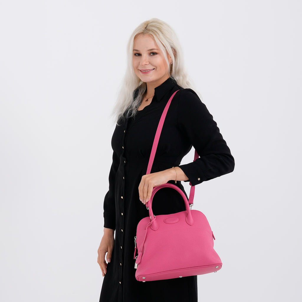 Premium Genuine Leather Domed Satchel Bag with Detachable Crossbody Strap - Deep Pink_8431456_2