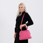 Premium Genuine Leather Domed Satchel Bag with Detachable Crossbody Strap - Deep Pink_8431456_2
