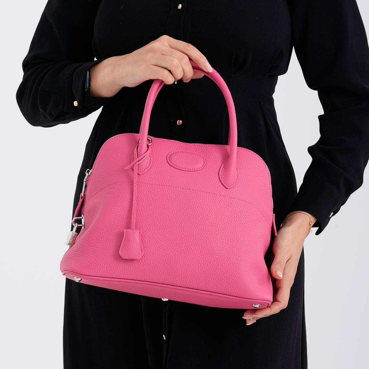 Premium Genuine Leather Domed Satchel Bag with Detachable Crossbody Strap - Deep Pink 8431456 4