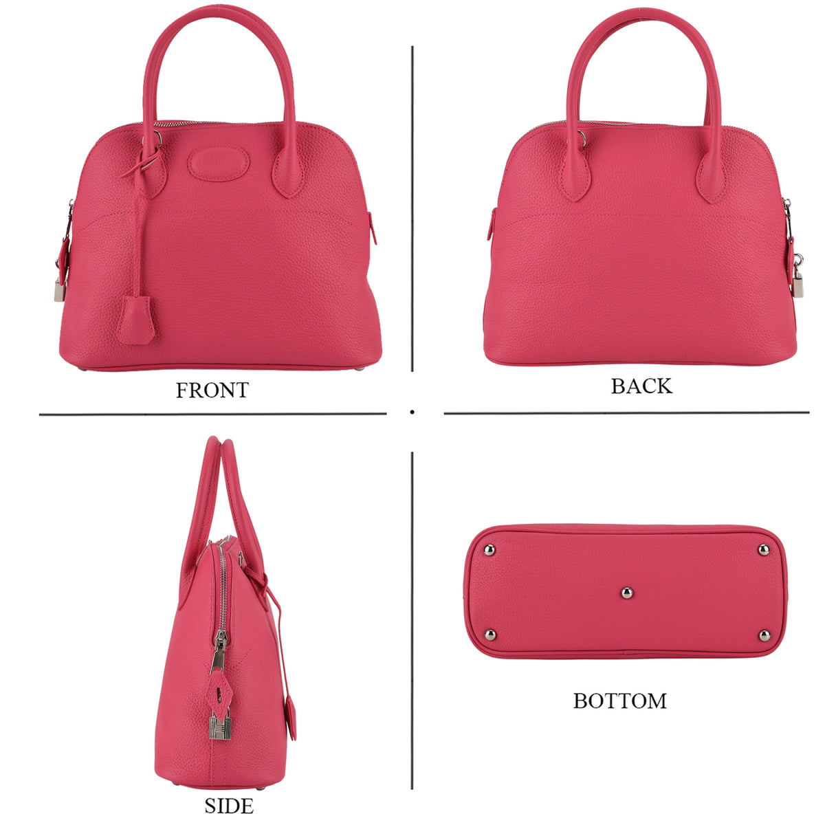 Premium Genuine Leather Domed Satchel Bag with Detachable Crossbody Strap - Deep Pink 8431456 5
