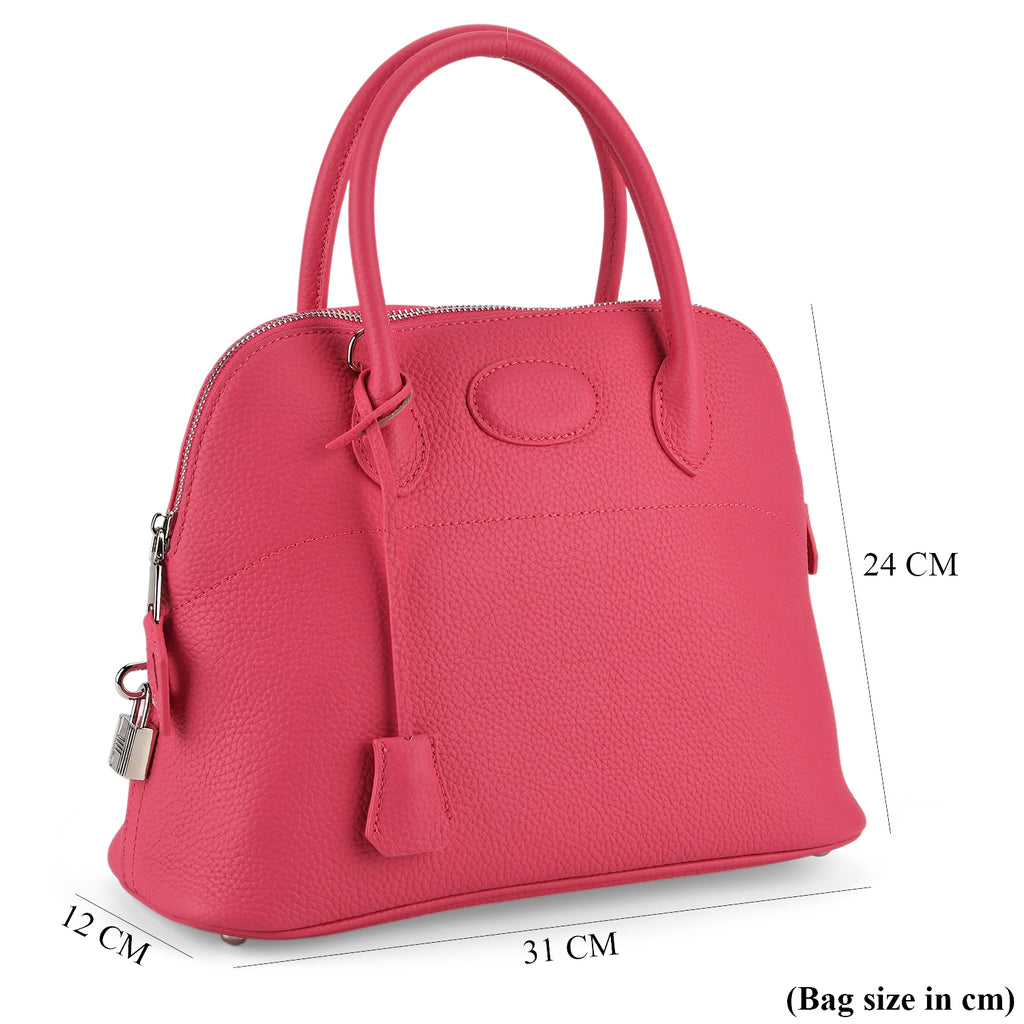 Premium Genuine Leather Domed Satchel Bag with Detachable Crossbody Strap - Deep Pink_8431456_7