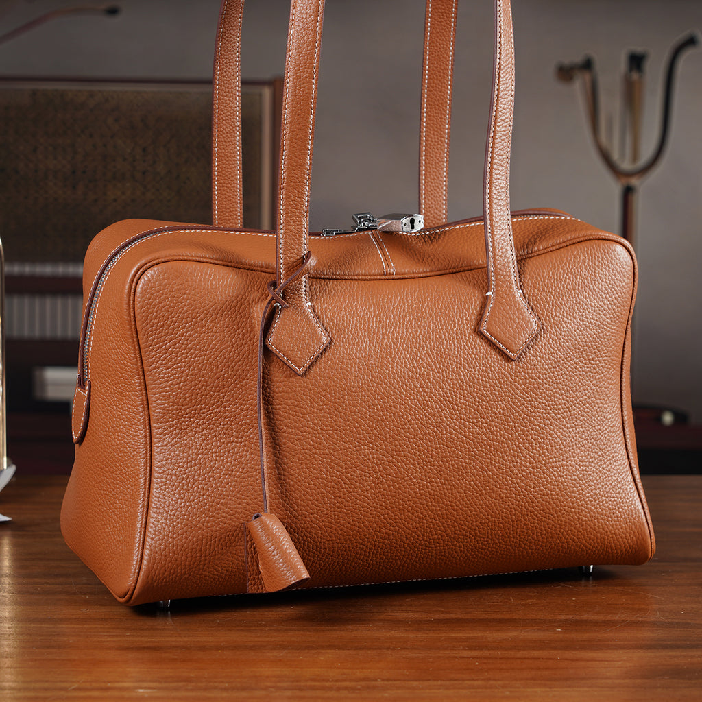 Designer Closeout Deal - Genuine Leather Structured Bag with Padlock and Key - Brown_8431472_1