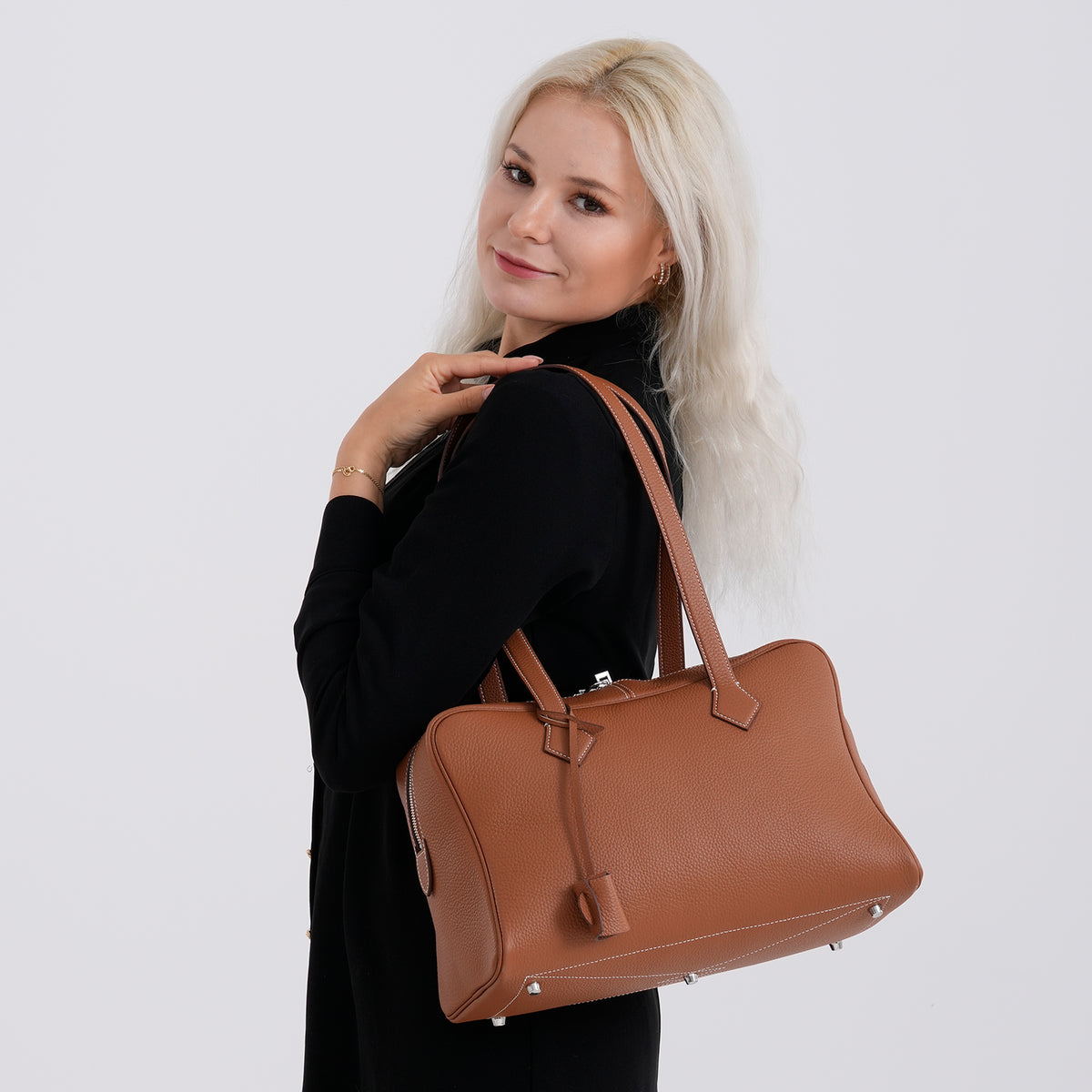 Designer Closeout Deal - Genuine Leather Structured Bag with Padlock and Key - Brown 8431472 3