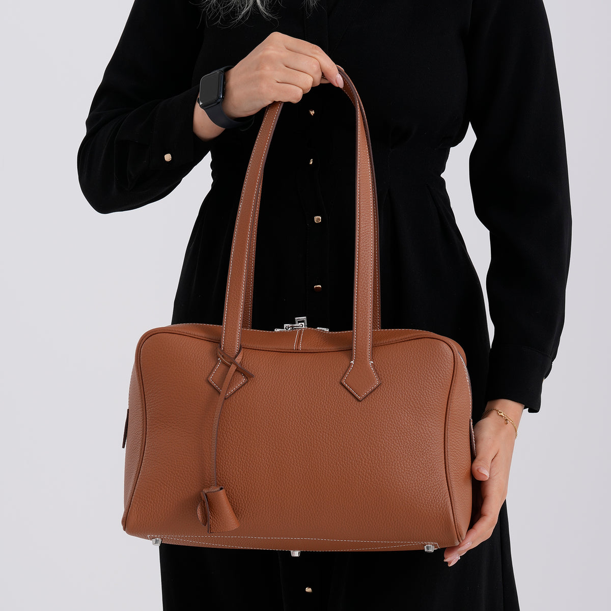 Designer Closeout Deal - Genuine Leather Structured Bag with Padlock and Key - Brown 8431472 4