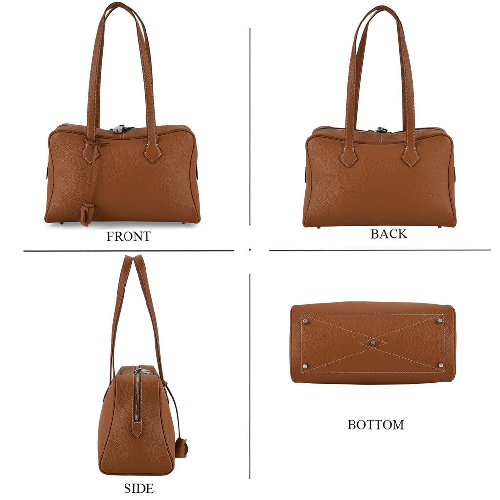 Designer Closeout Deal - Genuine Leather Structured Bag with Padlock and Key - Brown_8431472_4