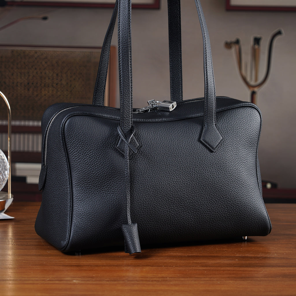 Designer Closeout Deal - Genuine Leather Structured Bag with Padlock and Key - Black_8431473_1