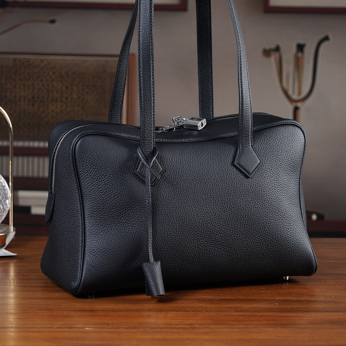 Designer Closeout Deal - Genuine Leather Structured Bag with Padlock and Key - Black 8431473 2
