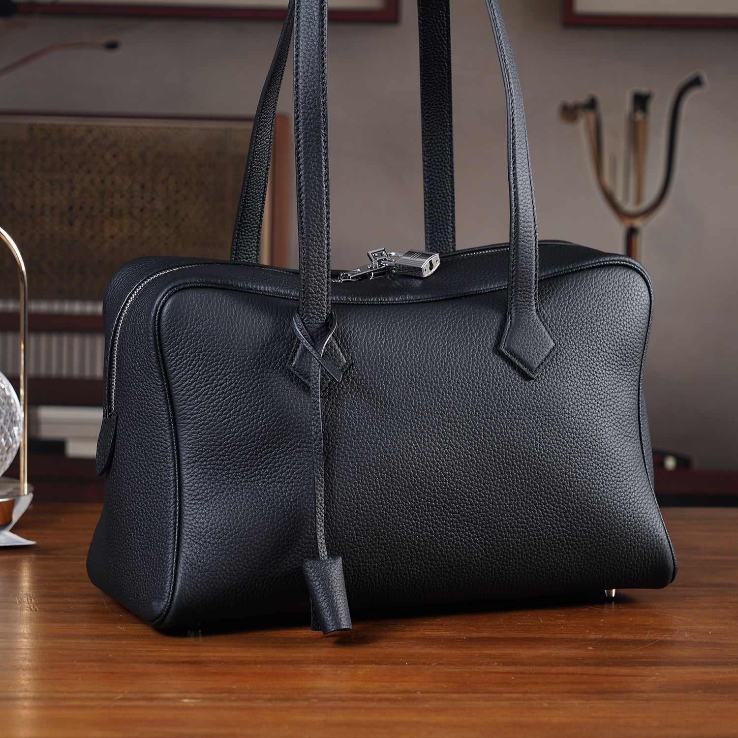Designer Closeout Deal - Genuine Leather Structured Bag with Padlock and Key - Black 8431473 2