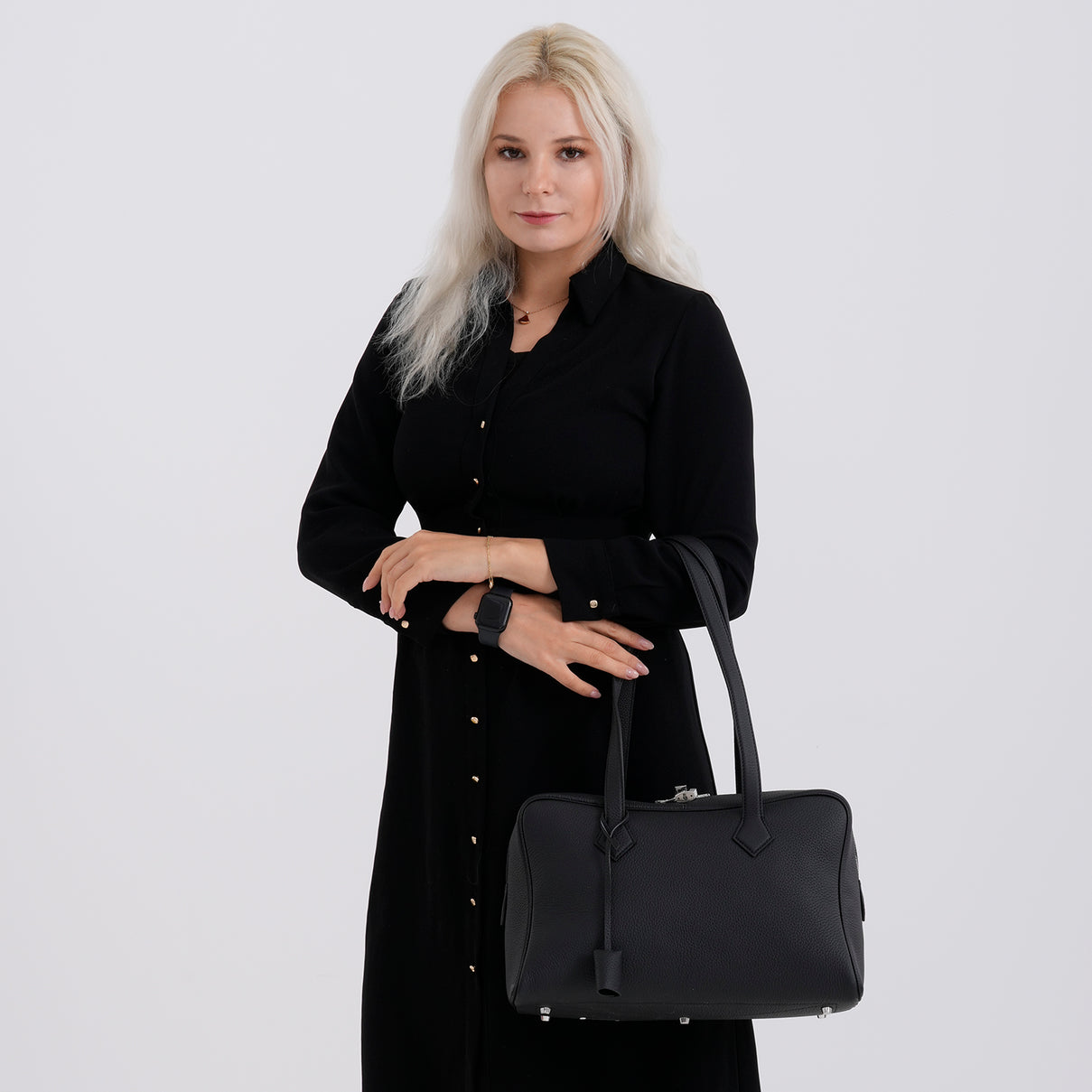Designer Closeout Deal - Genuine Leather Structured Bag with Padlock and Key - Black 8431473 3