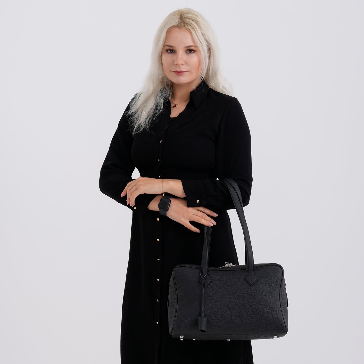 Designer Closeout Deal - Genuine Leather Structured Bag with Padlock and Key - Black 8431473 3