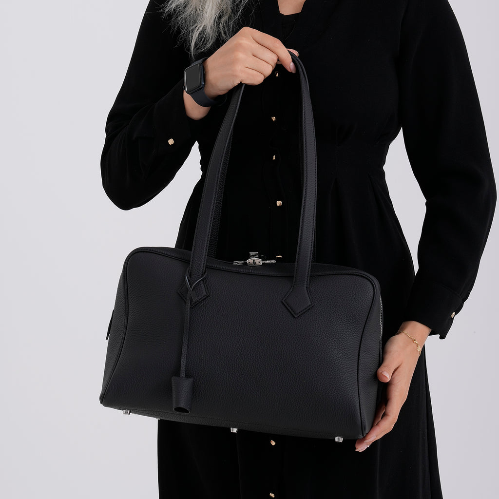 Designer Closeout Deal - Genuine Leather Structured Bag with Padlock and Key - Black_8431473_3