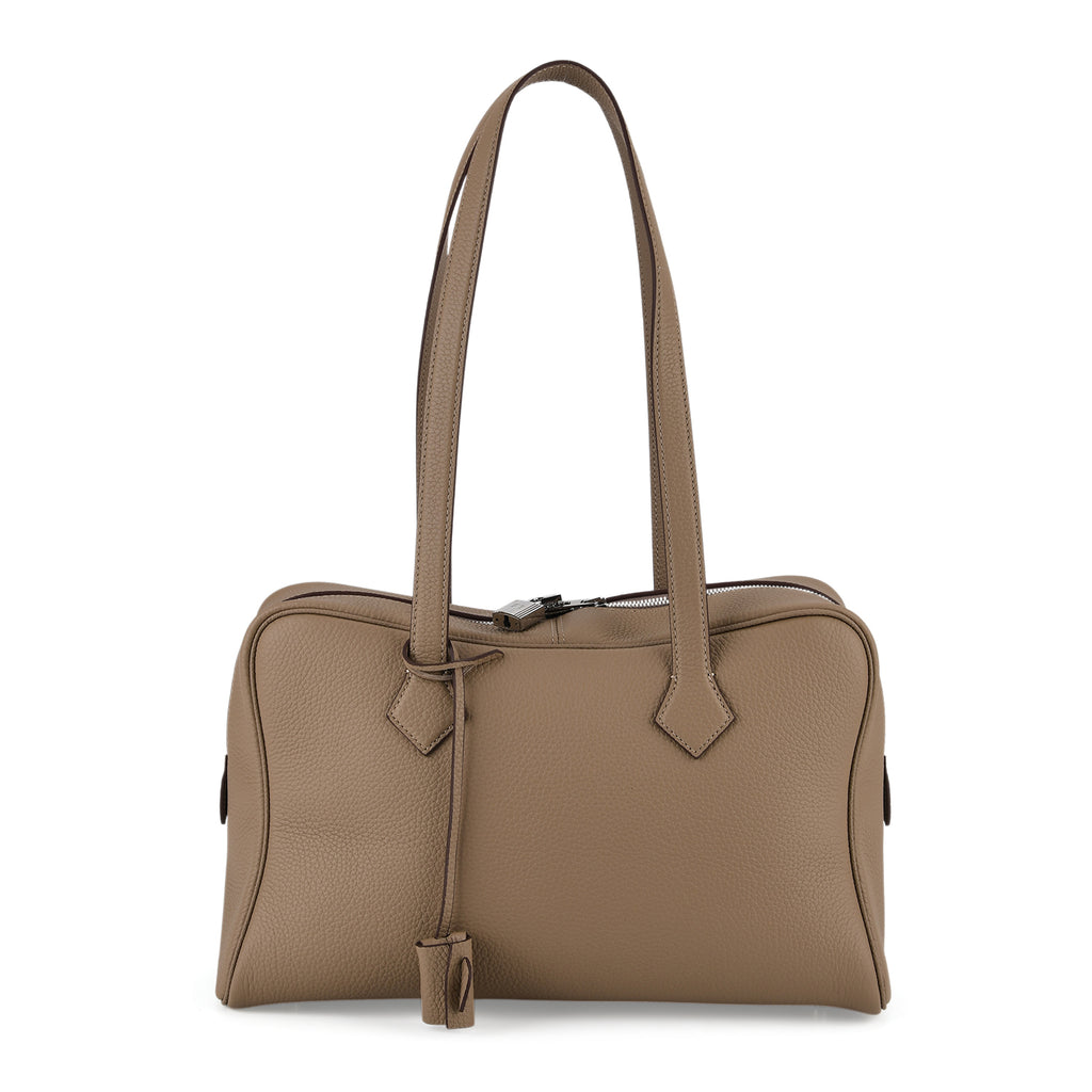 Designer Closeout Deal - Genuine Leather Structured Bag with Padlock and Key - Khaki_8431474