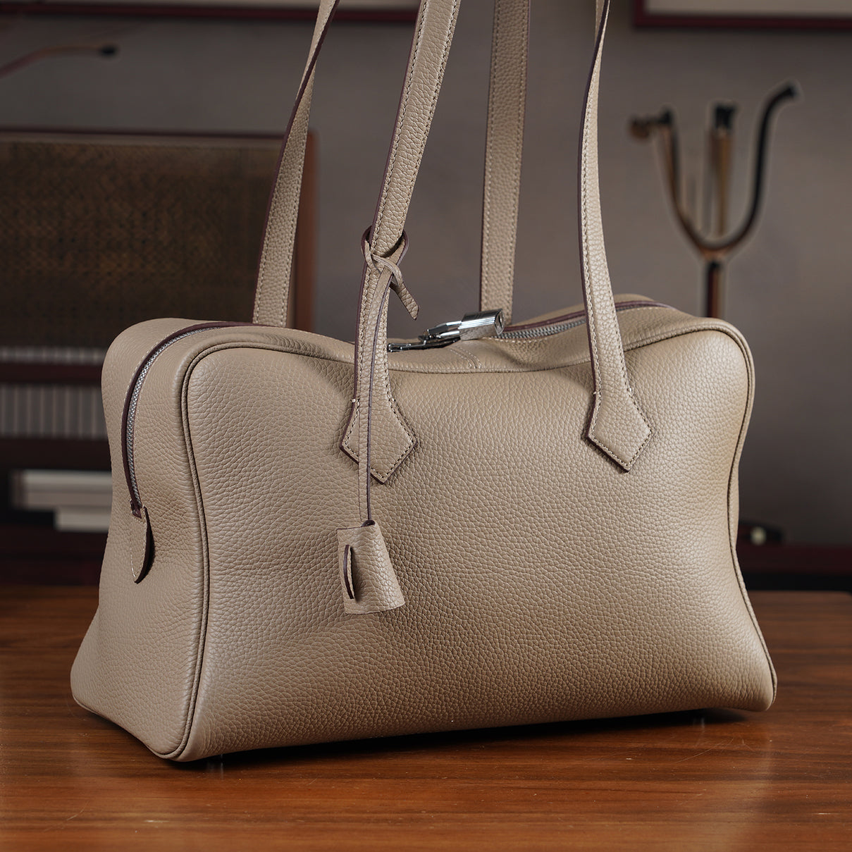 Designer Closeout Deal - Genuine Leather Structured Bag with Padlock and Key - Khaki 8431474 2