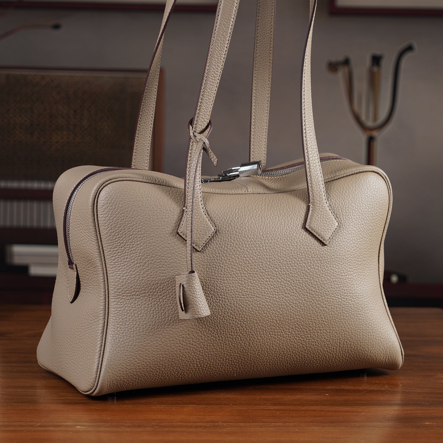 Designer Closeout Deal - Genuine Leather Structured Bag with Padlock and Key - Khaki 8431474 2
