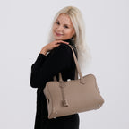 Designer Closeout Deal - Genuine Leather Structured Bag with Padlock and Key - Khaki_8431474_2