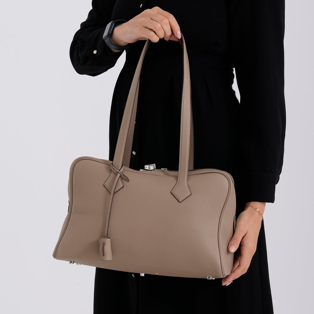 Designer Closeout Deal - Genuine Leather Structured Bag with Padlock and Key - Khaki_8431474_3