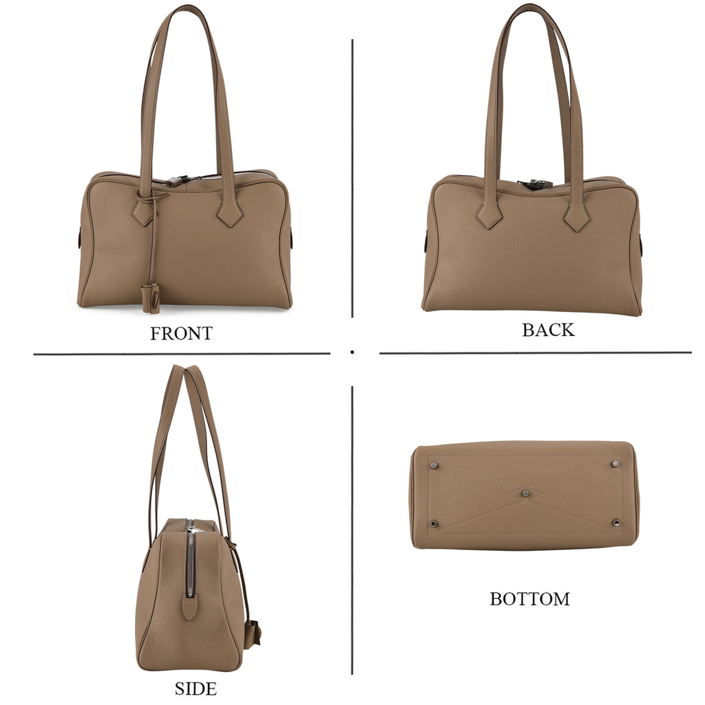Designer Closeout Deal - Genuine Leather Structured Bag with Padlock and Key - Khaki_8431474_4