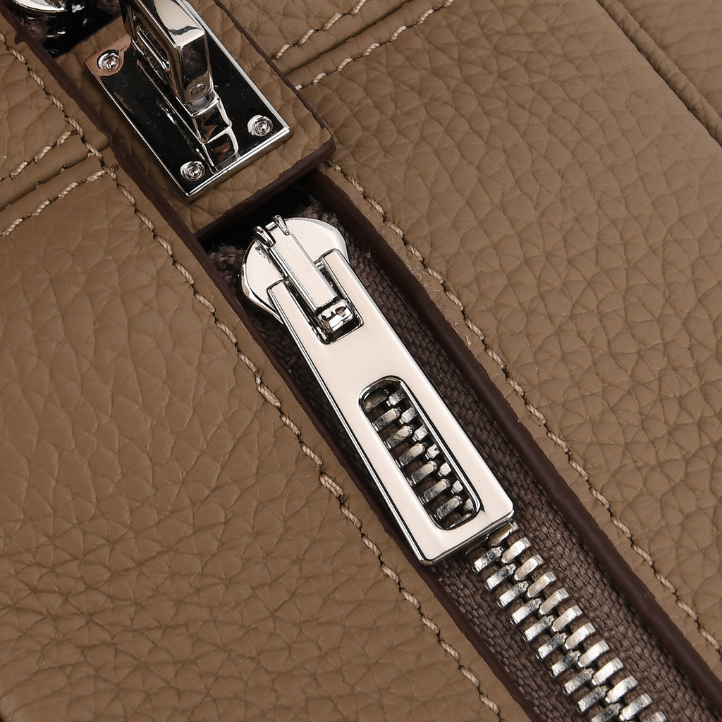 Designer Closeout Deal - Genuine Leather Structured Bag with Padlock and Key - Khaki_8431474_6