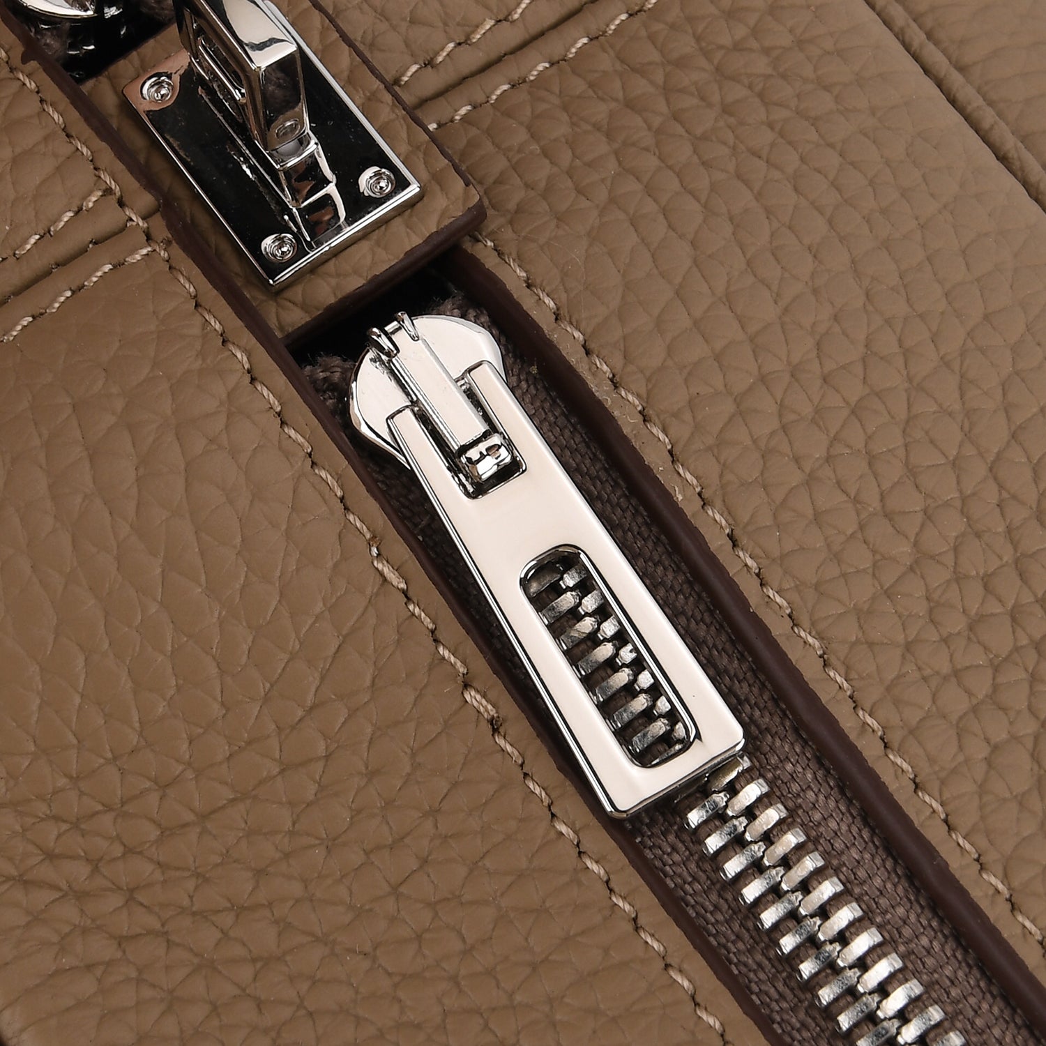 Designer Closeout Deal - Genuine Leather Structured Bag with Padlock and Key - Khaki 8431474 7