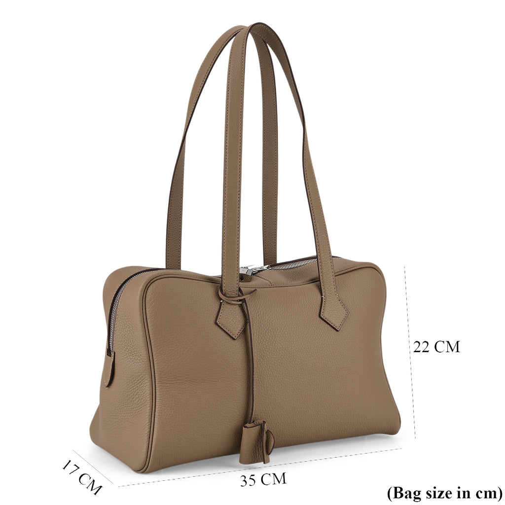 Designer Closeout Deal - Genuine Leather Structured Bag with Padlock and Key - Khaki_8431474_7