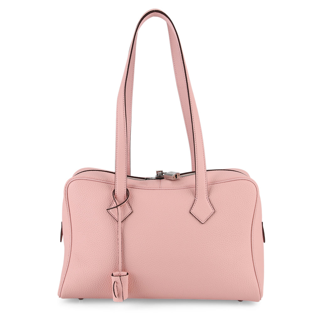 Designer Closeout Deal - Genuine Leather Structured Bag with Padlock and Key - Baby Pink_8431476