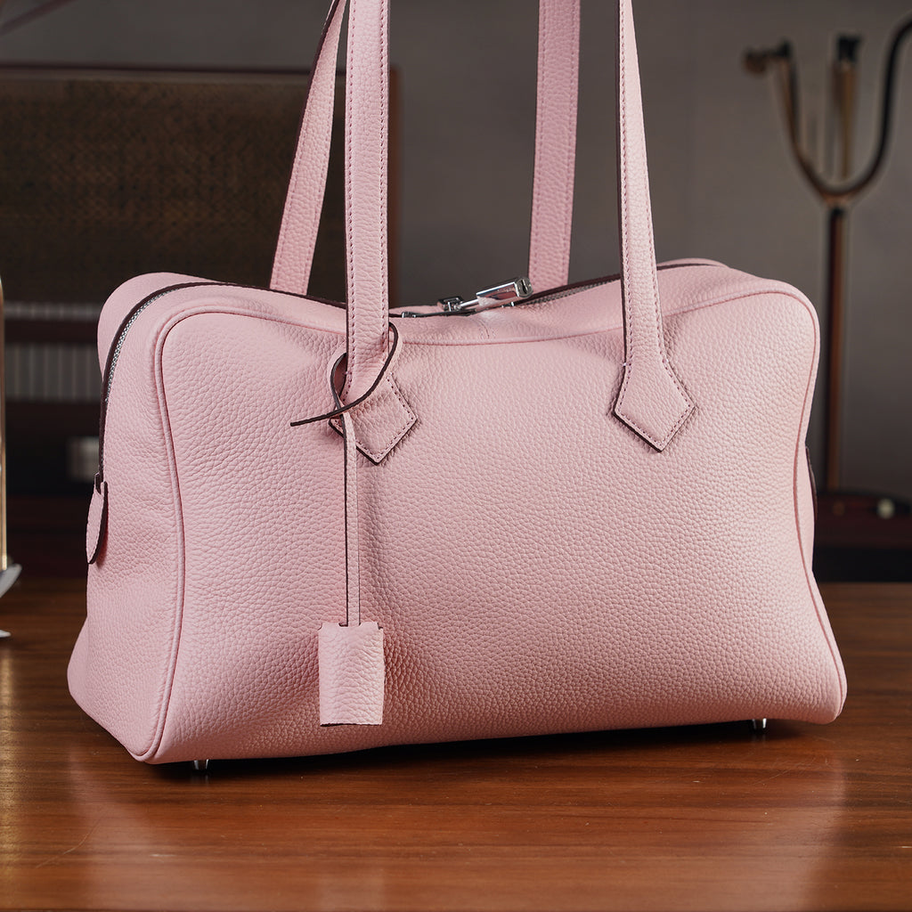 Designer Closeout Deal - Genuine Leather Structured Bag with Padlock and Key - Baby Pink_8431476_1