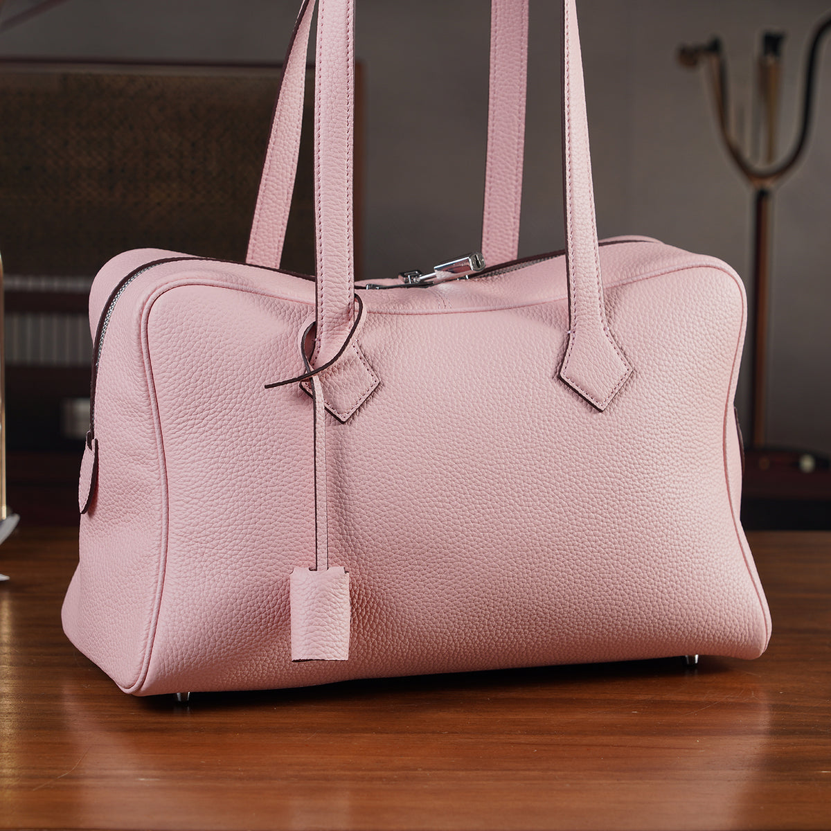 Designer Closeout Deal - Genuine Leather Structured Bag with Padlock and Key - Baby Pink 8431476 2