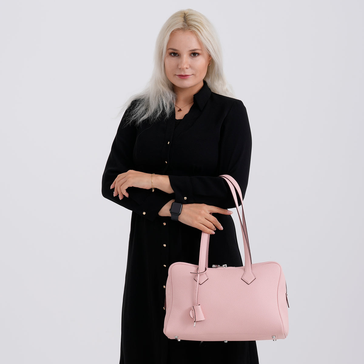 Designer Closeout Deal - Genuine Leather Structured Bag with Padlock and Key - Baby Pink 8431476 3