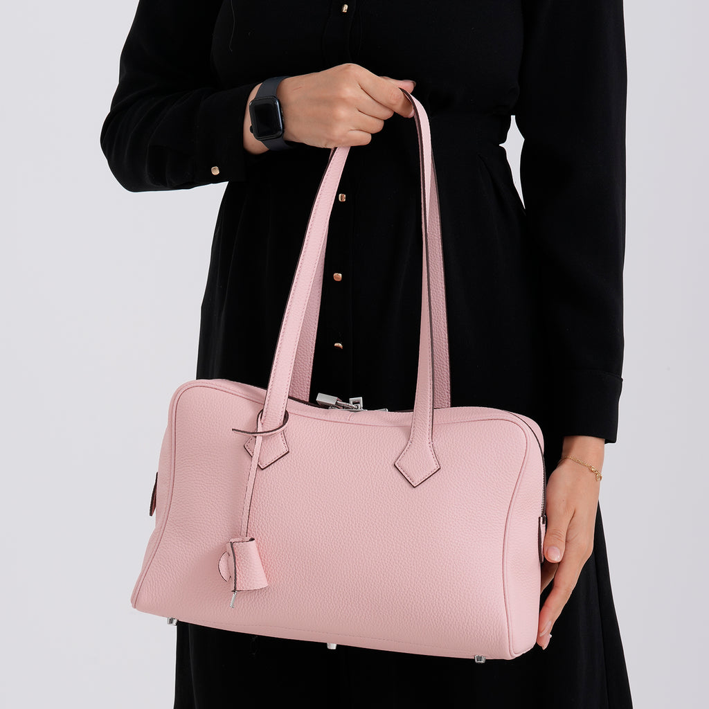 Designer Closeout Deal - Genuine Leather Structured Bag with Padlock and Key - Baby Pink_8431476_3