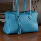 Designer Closeout Deal - Genuine Leather Structured Bag with Padlock and Key - Teal_8431477_1