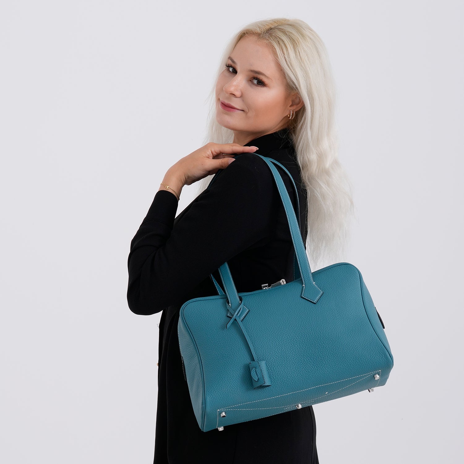 Designer Closeout Deal - Genuine Leather Structured Bag with Padlock and Key - Teal 8431477 3