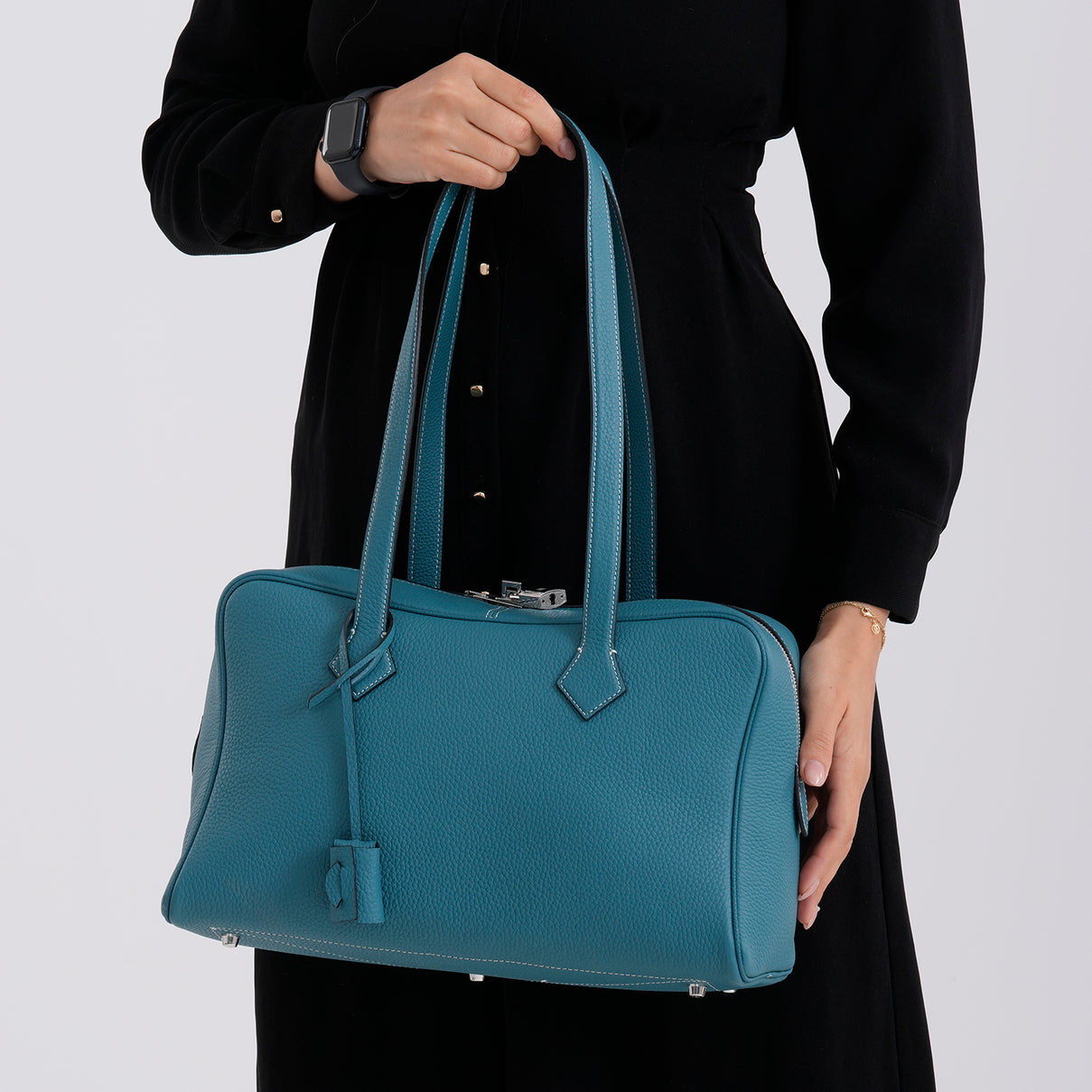 Designer Closeout Deal - Genuine Leather Structured Bag with Padlock and Key - Teal 8431477 4