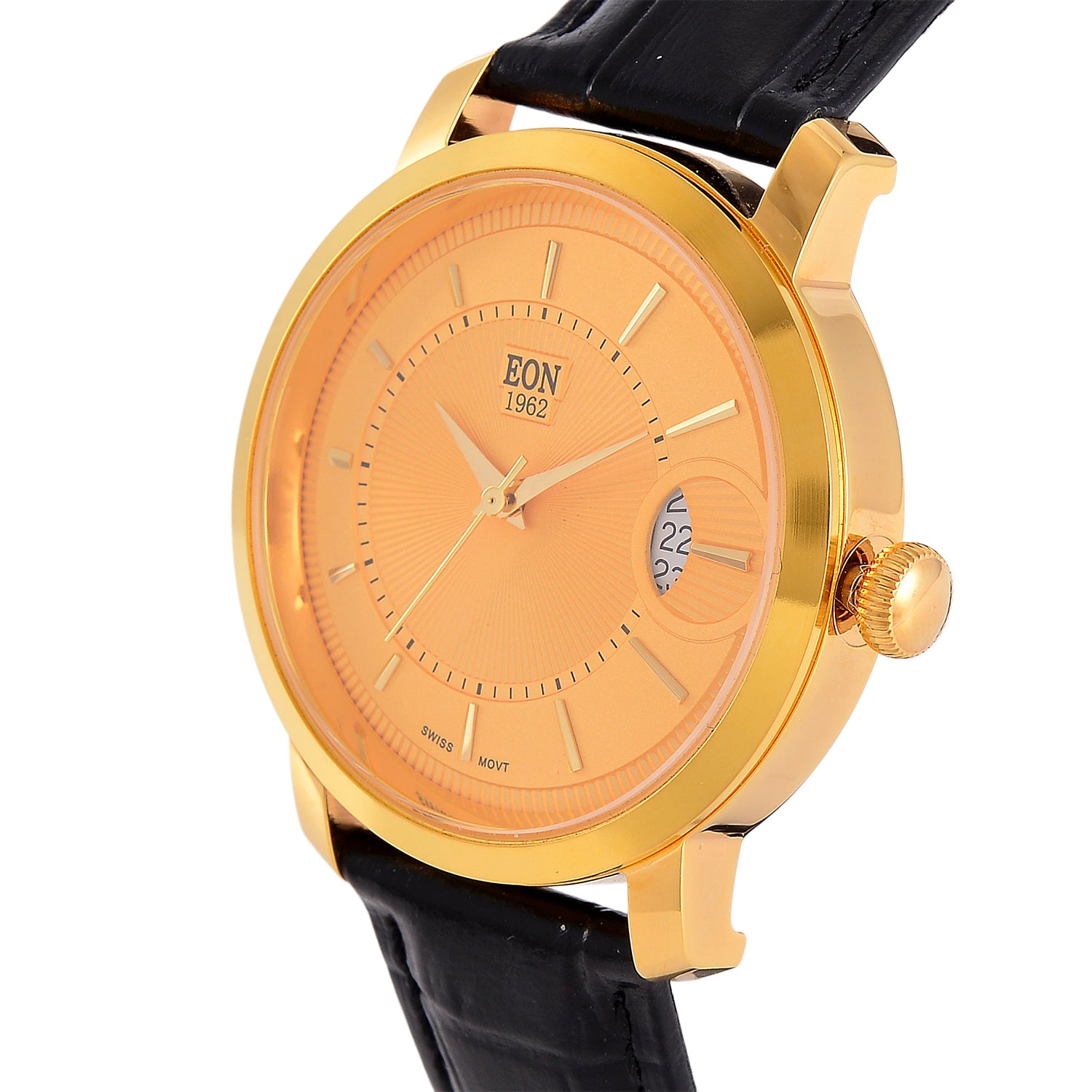 24K Yellow Gold 1.00 Gram (99.9% Purity ) Swiss Movement 5 ATM Water Resistent (39mm)  with Black Leather Strap EON 1962 Watch 8431614 3