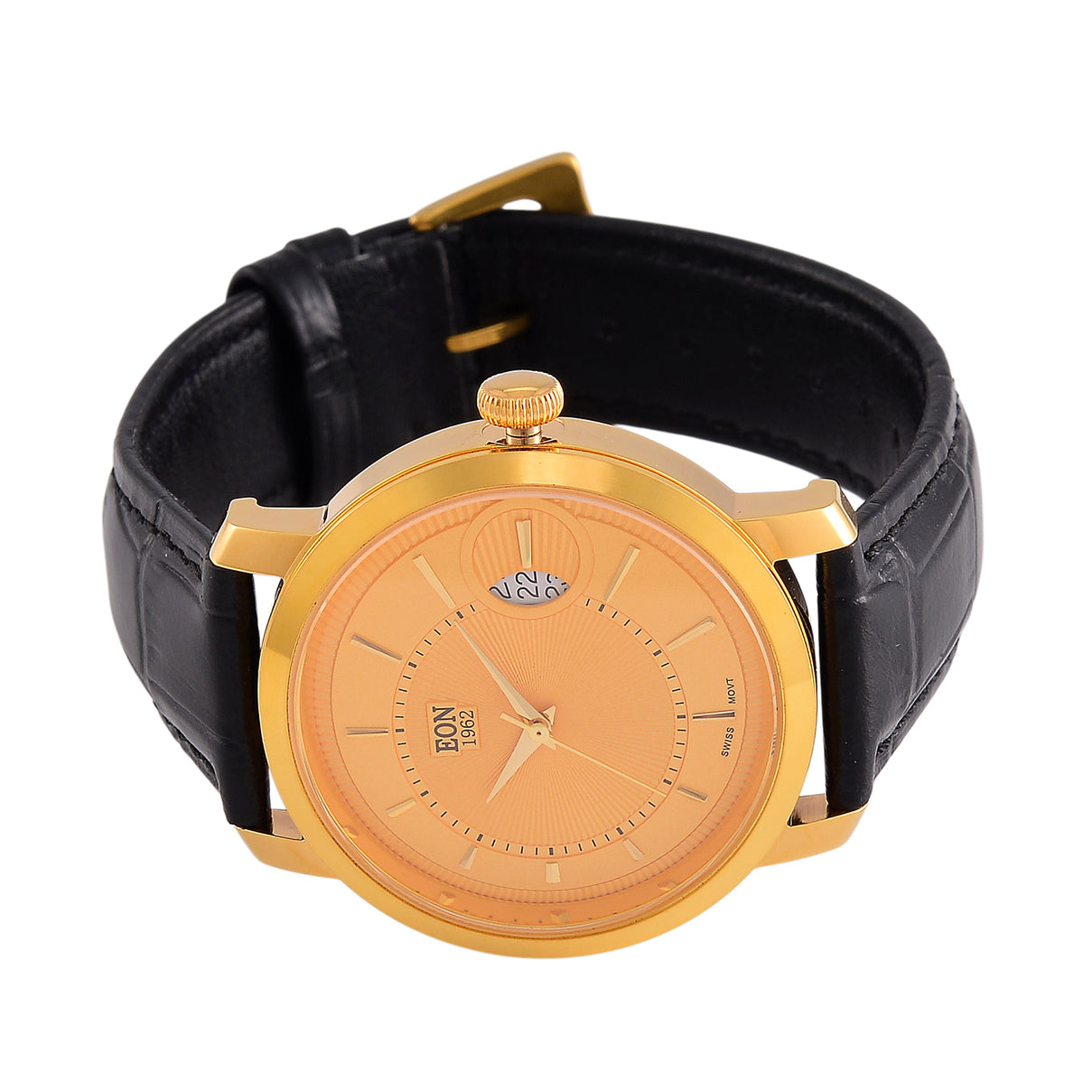 24K Yellow Gold 1.00 Gram (99.9% Purity ) Swiss Movement 5 ATM Water Resistent (39mm)  with Black Leather Strap EON 1962 Watch 8431614 4