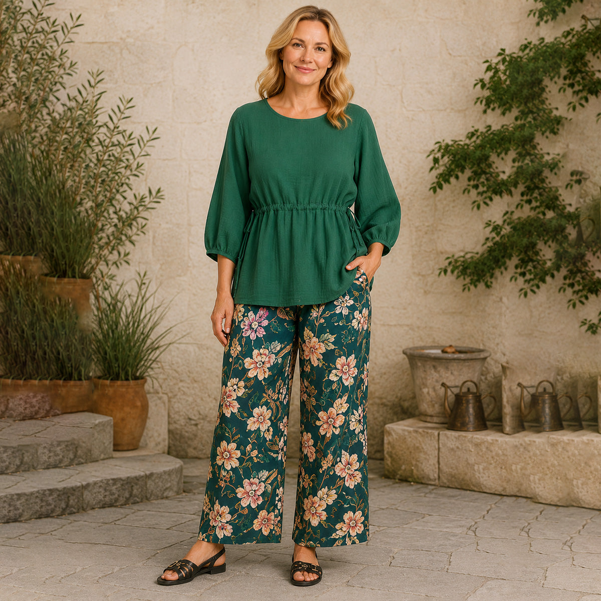 La Marey Cotton GauzeTie Drawstring Top (size 10-20) - Green V32697107 1