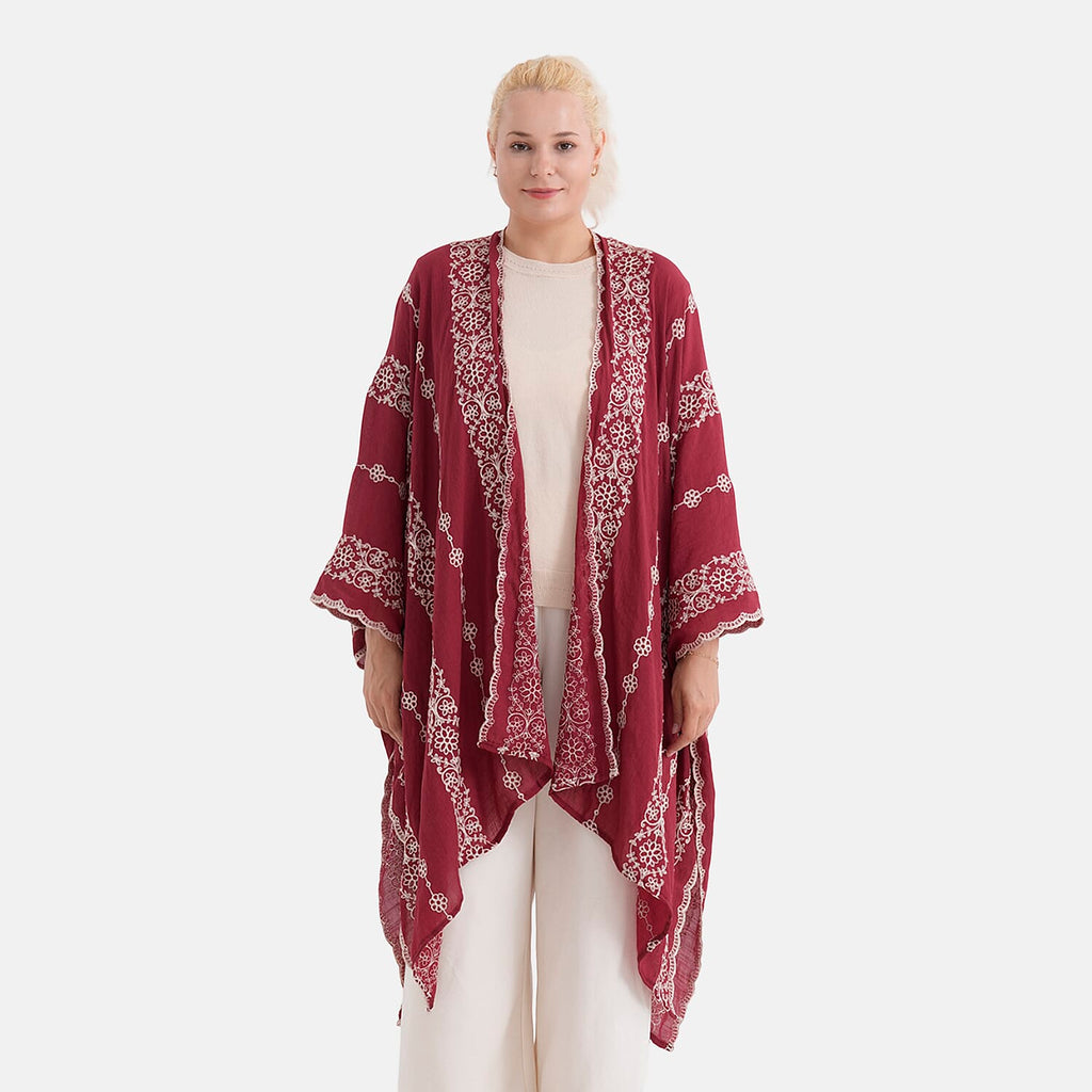 La Marey Cotton Embroidery Midi Kimono (One Size) - Red_8431959