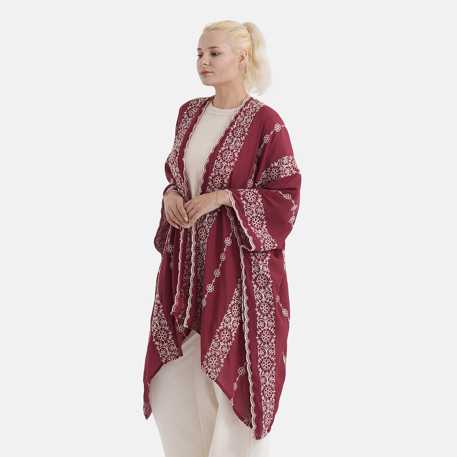 La Marey Cotton Embroidery Midi Kimono (One Size) - Red V32515039 4