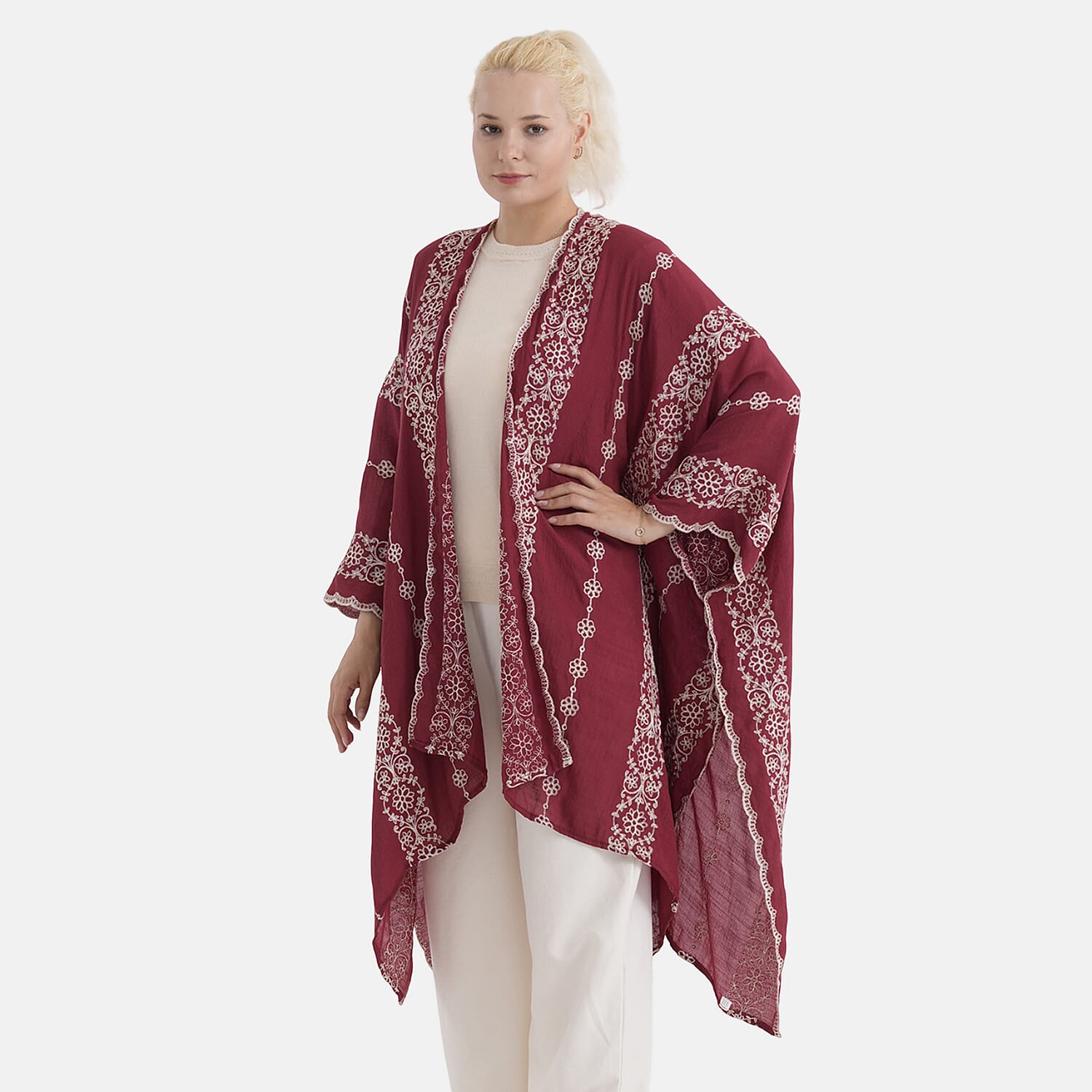 La Marey Cotton Embroidery Midi Kimono (One Size) - Red V32515039 5