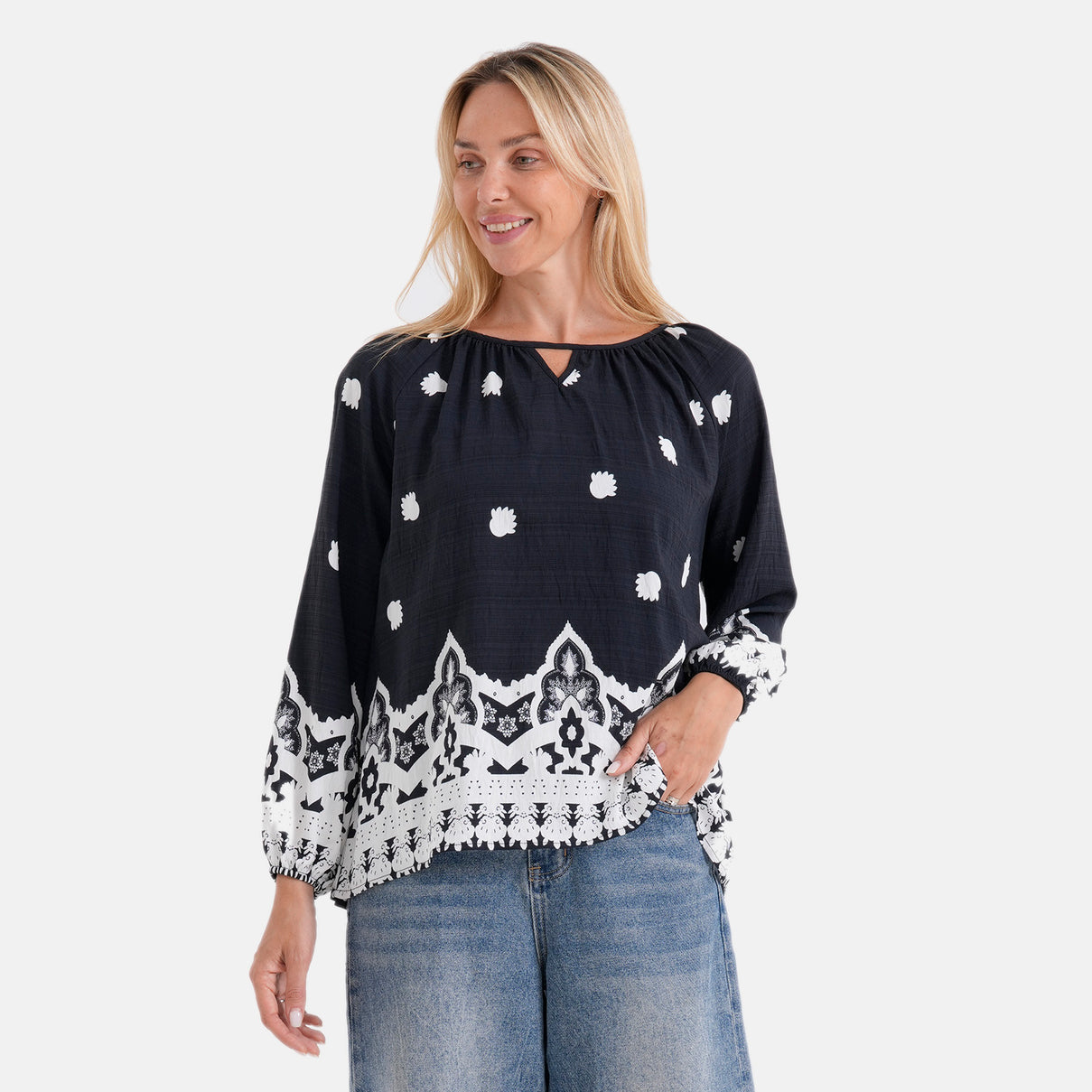 La Marey Placement Print Blouse (Size S-M, 8-14) - Navy V32521305 0