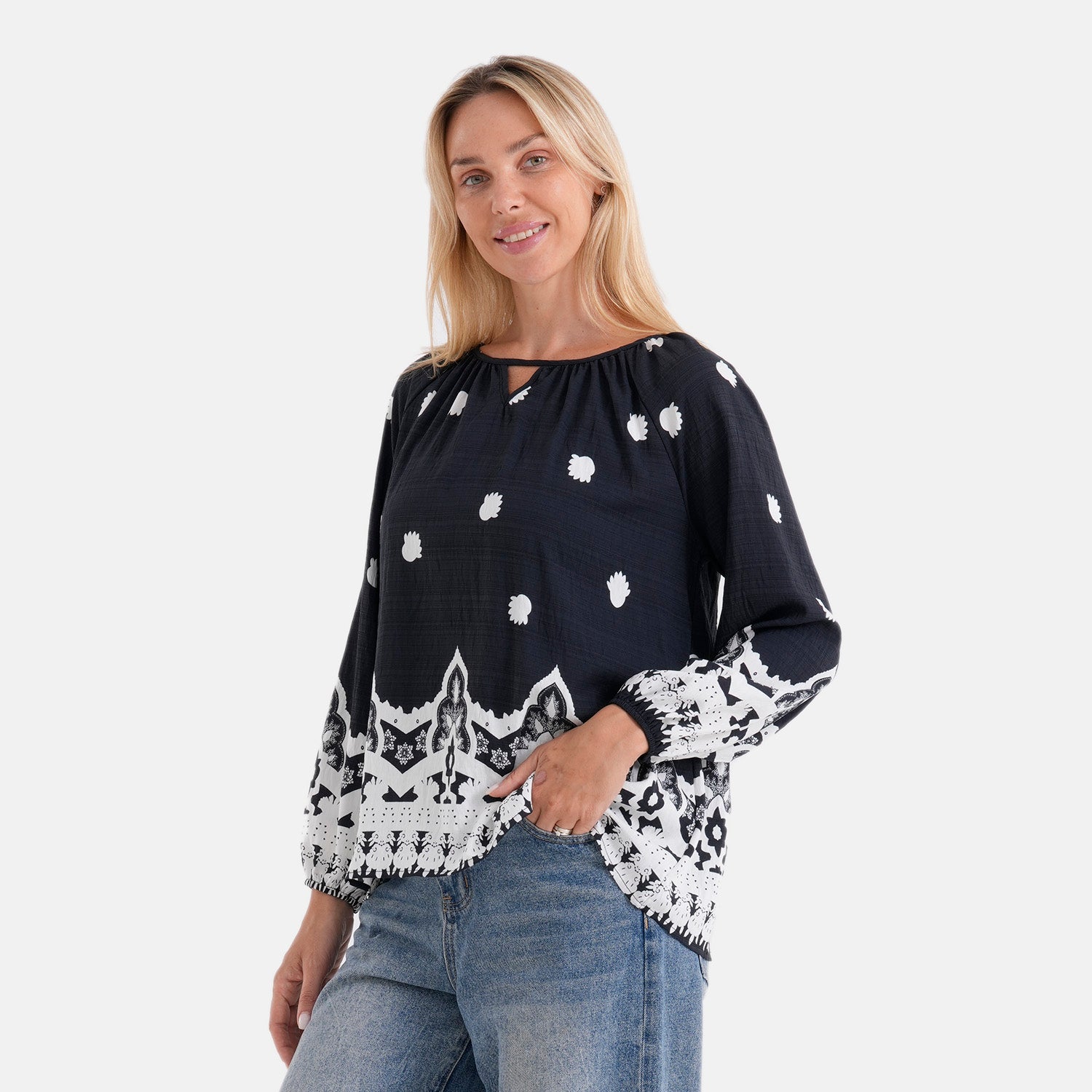 La Marey Placement Print Blouse (Size S-M, 8-14) - Navy V32521305 4