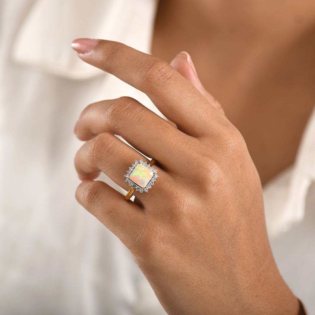 LUXURIANT Premium Ethiopian Opal & SI-G/H Lab Grown Diamond Halo Ring in 18K Vermeil Yellow Gold Plated Sterling Silver 1.64 Ct._8432892_2